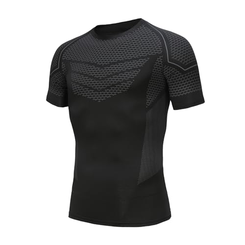AMZSPORT Camiseta de Compresión de Manga Corta para Hombre T-Shirt Transpirable Sport Running, Negro XXL
