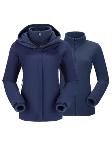 OutPro 3-in-1 Winterjacke Damen Wasserdicht Winddicht Skijacke Outdoor Wandern mit Fleece Gefüttert Doppellagige Abnehmbare Kapuzen-Funktionsjacke für Ski, Bergsteigen, Reisen Blau M
