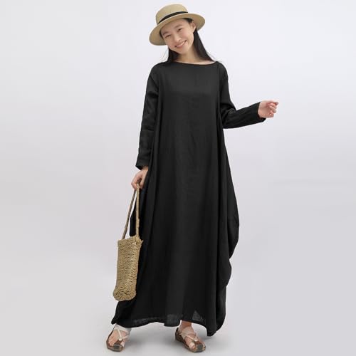 Image of Women's 2025 Spring 100% Linen Long Dress with Long Sleeve Maxi Dress Casual Loose Fitin Solid Color Pockets
