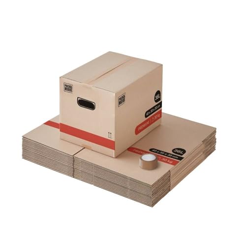 Pack and Move - Lot 20 Cartons Déménagement Livres Premium - 40 X 30 X 30 Cm - Extrême Résistance 20 KG - Poignées Renforcées - 1 Adhésif Offert