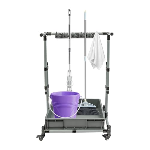 Soporte para escobas y fregona, carro de limpieza con 10 agujeros para fregona, 12 ganchos plegables, 4 ruedas universales y 1 depósito de agua, capacidad de carga de 100 kg, altura ajustable 75-125