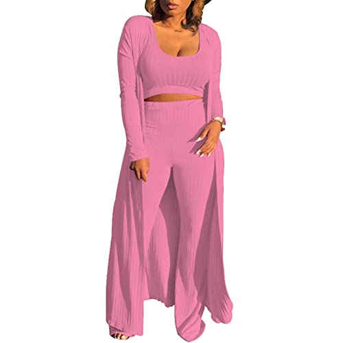 Image of Women's 2 Piece Outfits Set Ribbed Short Sleeve Casual Crop Top Wide Leg Pants Suit Set