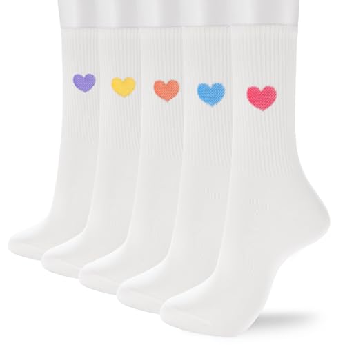 Image of Corlap Women's Cotton Crew Calf Socks - 5 Pairs Ankle High Dress Casual Socks, Fun Cute Heart Gifts for Mom Mother