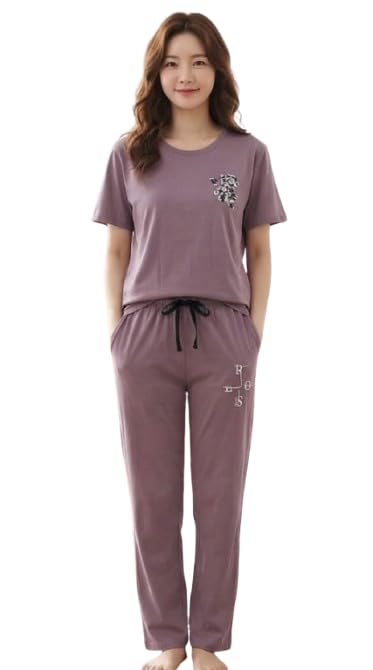 Women's Cotton Blend Night Suit Set Graphic Printed T-Shirt & Patterned Pajama STNS-BP-DLAV-image-17