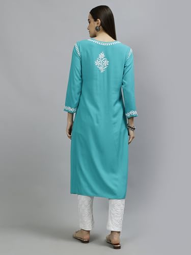 Image of Seva Chikan Hand Embroidered Lucknowi Chikankari Rayon Straight Kurta for Women SCL4532