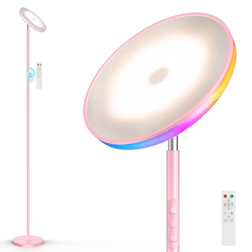 Image of UFO LED Torchiere Floor Lamp with RGB Ambient Light, 42W 3700LM Bright Dimmable Sky Lamp,71in Modern Tall Standing Lamp with Remote Touch Control&Timer,for Living Room Bedroom Office Gaming Room,Pink