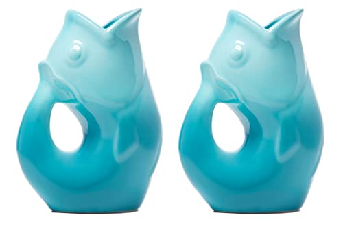 Gurgle Pot Fish Pitchers, Large 42 oz - 2 Pack, Ombre Cobalt or Gradient Blue. Great Party Pitcher. Alternatively use as Flower Vase (Gradient Blue)