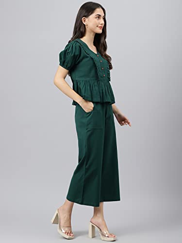 Image of DEEBACO Women's Solid Calf Length Top with Trouser|V-Neck|Short Sleeve|Cord Set for Women Cotton|Jumpsuits Western Dress for Women Stylish|Two Piece Co ord Set|Party Casual Wear(Aqua Blue)