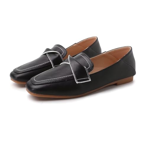 ChaiRong Zhou Women Square Toe Pu Leather Soft Support Flats Slip on Casual Dress Office Driving Shoes