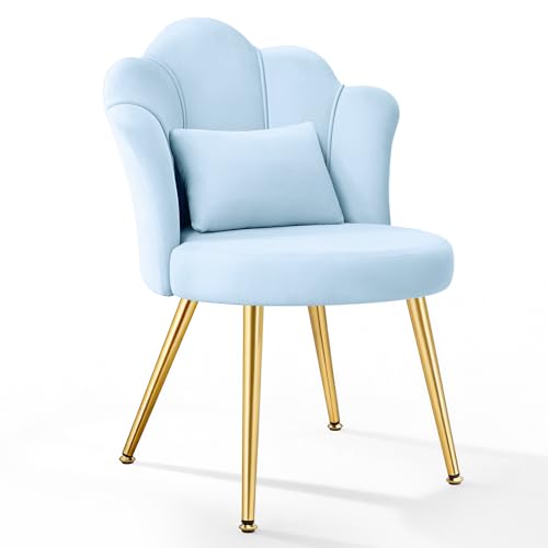 BestGlory Petal Makeup Vanity Chair with Back Flower Chair Comfy No Wheels for Girls Women Makeup Chair with Golden Metal Legs & Lumbar Pillow for Living Room/Makeup Room/Bedroom/Home Office - Blue