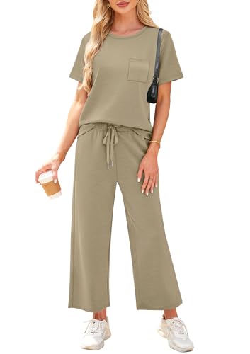 Image of WIHOLL 2 Piece Sets for Women Casual Summer Travel Vacation Outfits Short Sleeve Wide Leg Crop Pants Lounge Sets