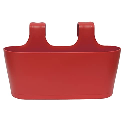 Engelland 1 x Blumenkasten zum Auf-Hängen, Farbe: Rot, Blumentopf, oval, Balkon, Übertopf, Pflanzkasten, mit Wasserspeicher/Wasserauffangschale