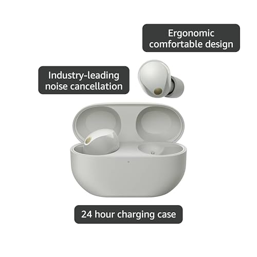 Sony WF-1000XM5 Cuffie Wireless con Noise Cancelling, Bluetooth, Cuffie In-Ear con Microfono, Fino a 24 ore di durata della batteria e Ricarica Rapida, IPX4, Funziona con iOS e Android-Argento