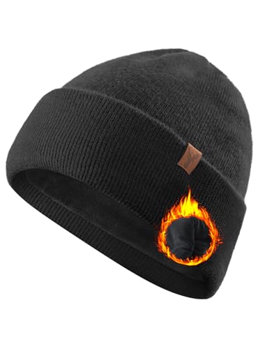 TRENDOUX Winter Mens Beanie Hat Thick Thermal Cozy Knitted Skull Cap Hat Unisex Merino Wool Beanie Hats with Warm Comfortable Lining Double-Layer Wooly Breathable Cuffed Cap Black