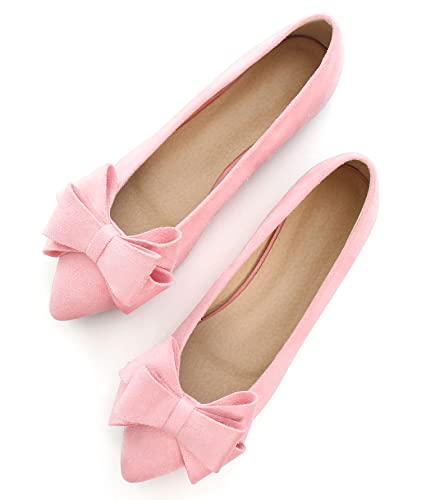 SAILING LU Bow-Knot Ballet Flats Womens Pointy Toe Flat Shoes Suede Dress Shoes Wear to Work Slip On Moccasins Dark Pink Size 7.5