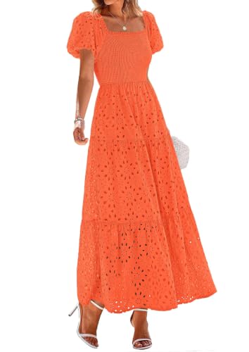 Image of PRETTYGARDEN Summer Dresses for Women 2026 Eyelet Square Neck Puff Sleeve Smocked Wedding Guest Maxi Dress with Pockets