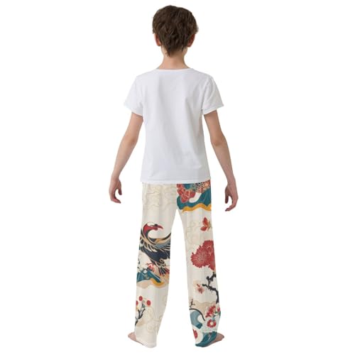 Chinese Bird Flowers Boys Long Pants Soft Trousers Elastic Waist Kids Lounge Bottoms with Pockets S-XL3