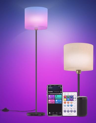 YHW Floor lamp for Living Room Works with Alexa & Google, White Linen Lamp Shade LED Bright Tall Standing Smart Floor Lamp with Remote for Bedroom Office,...