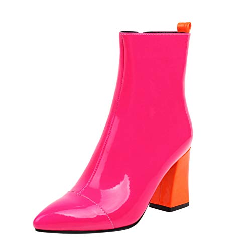 Bottines vintage en cuir pour femme - Bottines à talon zippé - Bottes vernies avec bloc surdimensionné pour femme - Bottes de pluie modernes, Rose, 40 EU