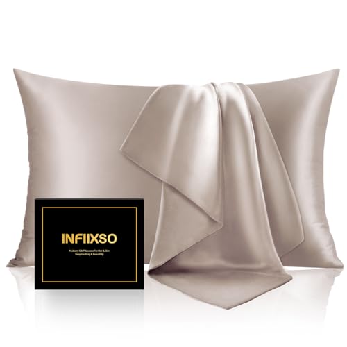 Image of INFIIXSO Silk Pillow Cases 2 Pack Standard Size, Ultra Smooth & Soft Mulberry Silk Pillow Case for Hair and Skin, Breathable Cooling Silk Pillowcase with Hidden Zipper (Caramel, 20x26 Inches)