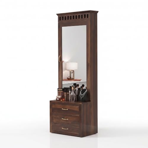 Image of SONA ART & CRAFTS Solid Sheesham Wood Dressing Table with Storage Mirror & 3 Drawers, & 1 Door Storage for Living Room Bedroom Wooden Make Up Vanities Dresser for Bedroom Home (Walnut Finish)