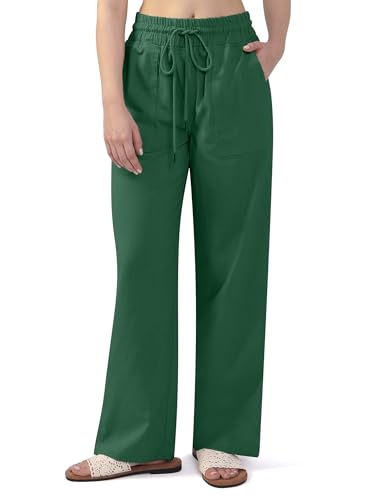 Linen Flowy Palazzo Pants for Women Summer Wide Leg Beach Casual Vacation Pants Trousers with 4 Pockets