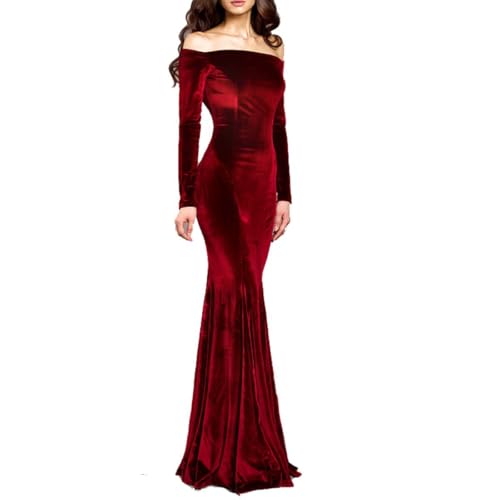 TTYBridal Off The Shoulder Velvet Mermaid Evening Gown Long Prom Party Dresses with Two Sleeves