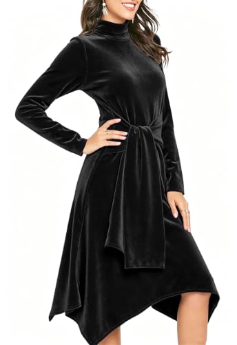 Image of Jayscreate Women's 2023 Long Sleeve Sweater Dress Fall Winter Midi Tie Front Knit High Waist Business Casual Dress