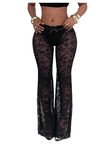GORGLITTER Women's Floral Mesh Lace Pants Sexy Sheer See Through Rave Going Out Trousers Y2k Grunge Bell Bottoms