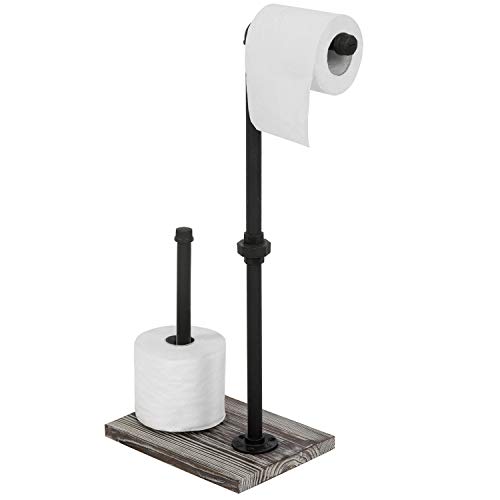 MyGift Industrial Pipe & Torched Wood Freestanding Bathroom Toilet Paper Holder Dispenser with Reserve Roll Stand