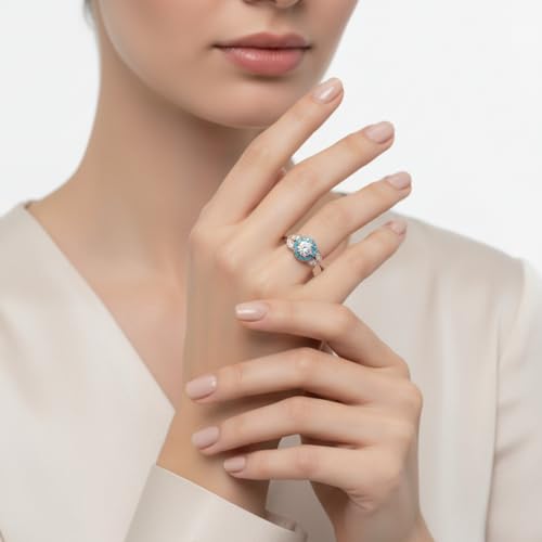 Image of Rose Gold Plated Diamond CZ & Blue Sapphire Petal Halo Engagement Ring for Women, Petite Round Shape Wedding & Everyday Jewelry, Handmade Gift for Wife US Size 4-12