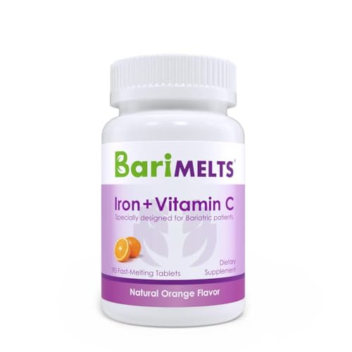 Barimelts Iron with Vitamin C, 90 Fast-Dissolving Tablets (1-Month Supply), Sugar-Free Bariatric Iron Supplement for Women, Natural Orange Flavor