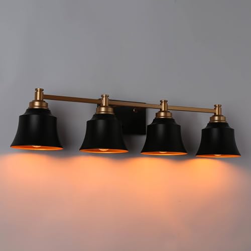 Image of KSANA Bathroom Light Fixtures, 4 Light Black and Gold Powder Room Wall Lights Over Mirror, 30 Inch Modern Farmhouse Metal Vanity Lights