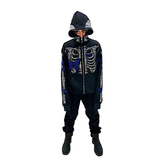 Men Rhinestone Hoodies Y2k Full Zip Up Hoodies Women Oversized Skull Skeleton Graphic Sweatshirt Zip Over Face Gothic Jackets (Blue, L)
