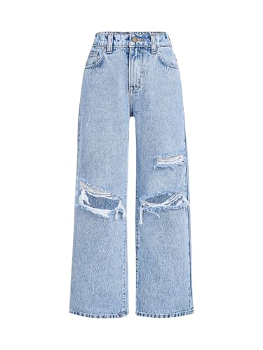 WDIRARA Girl's Ripped Straight Leg Jeans Distressed Baggy Denim Pants Streetwear