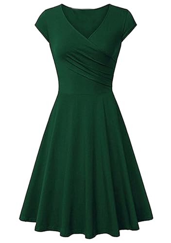 OMZIN Women's Elegant V-Neck Dress Short Sleeve Solid Color Runway Evening Dress