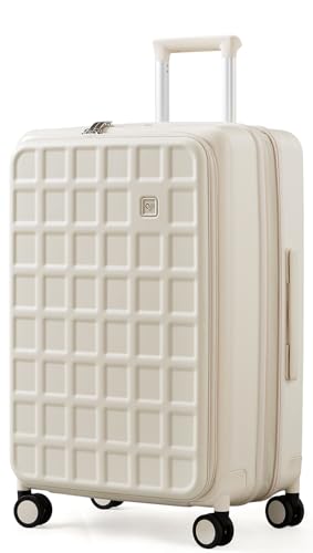 aji Expandable Top Opening 24 Inch Checked Luggage with Spinner Wheels, Large Suitcase with TSA Lock, Hard Shell Travel luggage Suitcases for Men Women, for 12+Days Travel, Coconut White