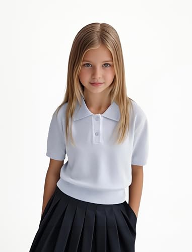 Image of Girls Short Sleeve Polo Shirt V Neck Button Down Shirts Summer Knit School Uniform Crop Tops