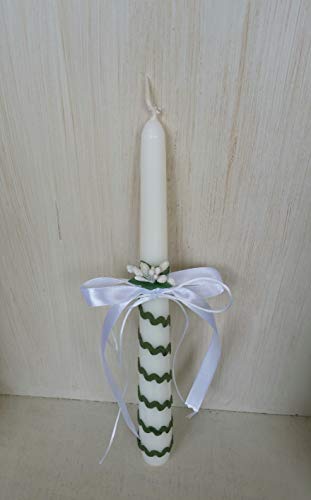 Vela bautizo niño de cera blanca vela primera comunion,decorada con lazo color verde caza y flor .medida altura 25 cm.