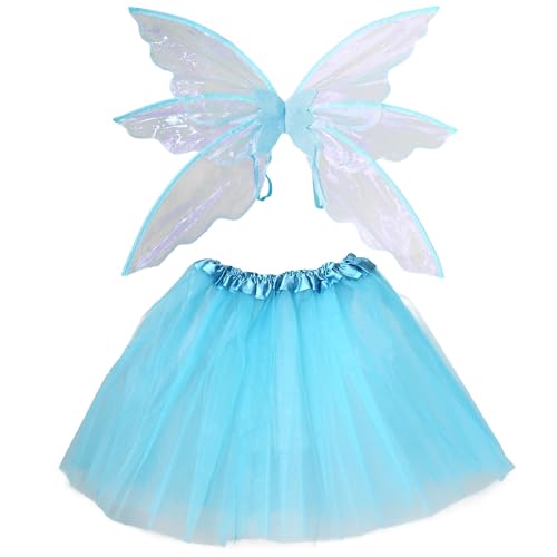 Disfarce de fada para mulher, asas de borboleta grandes com saia de tule em camadas, estilo princesa elfo para Halloween, carnaval, festas de fantasia (azul, adulto/40 cm, fada borboleta)