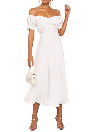 Image of KIRUNDO Women's Satin Summer Wedding Guest Cocktail Dress | 2026 Spring Fall Party Midi Dress, Silky, Elegant Off Shoulder Short Sleeve, Ruffle Mermaid Hem, Wrap Prom Formal Outfits