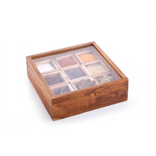 Image of Crystal Teak wood Table Top Masala Dabba /Spice Box | Spice Box with 9 compartments /sections | Handcrafted wooden Box | Non Removable Partitions, Brown