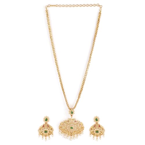 Rubans 24K Gold-Plated Kundan & Emerald Stone Studded Necklace Set with Pearl Drops and Chandbali Earring (B0D6G7ZG8K) Amazon Price History, Amazon Price Tracker