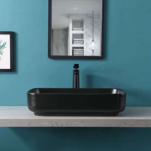 Davivy 24'' X 15.6'' Matte Black Vessel Sink With Pop Up Drain,Rectangle Bathroom Sink,Bathroom Sinks Above Counter,Counter Top Sink,Black Rectangular Vessel Sinks For Bathrooms #TOP6
