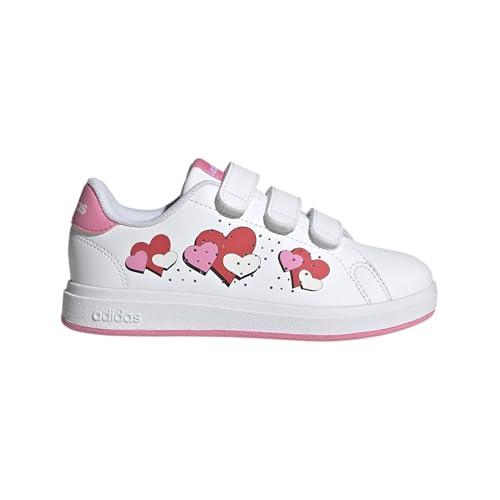 adidas Tênis esportivo unissex infantil Advantage Base 2.0, Branco/Rosa Bliss/Vermelho semi lúcido,