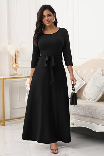 FANDEE Women's Long Maxi Dress 2025 Casual 3/4 Sleeve Dresses Empire Waist Round Neck with Belt2