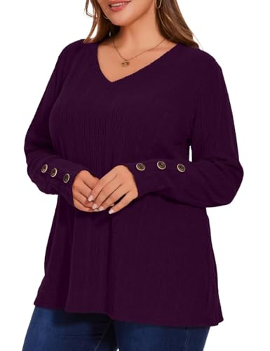 MONNURO Womens Plus Size Tops V Neck Long Sleeve Button Lightweight Tunic Sweaters Shirts Loose Fit
