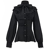Fiamll Viktorianische Bluse Damen Gothic Klassisches Hemd Vintage Langarm Lotus Rüschen Tops Schwarz XL