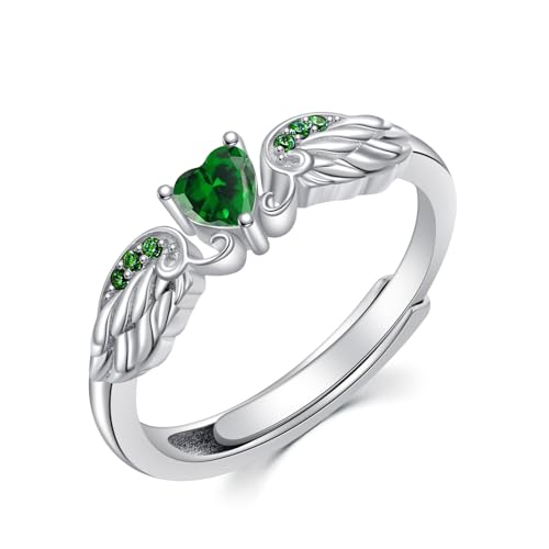 925 Sterling Silver Angel Wing Heart Ring for Women High Polish Angel Memorial Ring with Emerald Green Gemstone Birthstone Promise Ring Colored Zirconia Mothers Day Jewelry Christmas Gifts