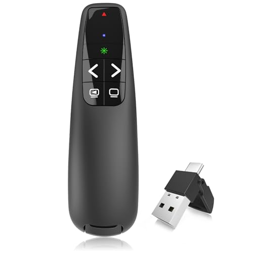 Presenter Powerpoint Fernbedienung, Roter Lichtzeiger, Kabellose 2.4 GHz Verbindung via USB-Empfänger Präsentationsfernbedienung für Windows/Mac/Linux/Android/PowerPoint (Grün)